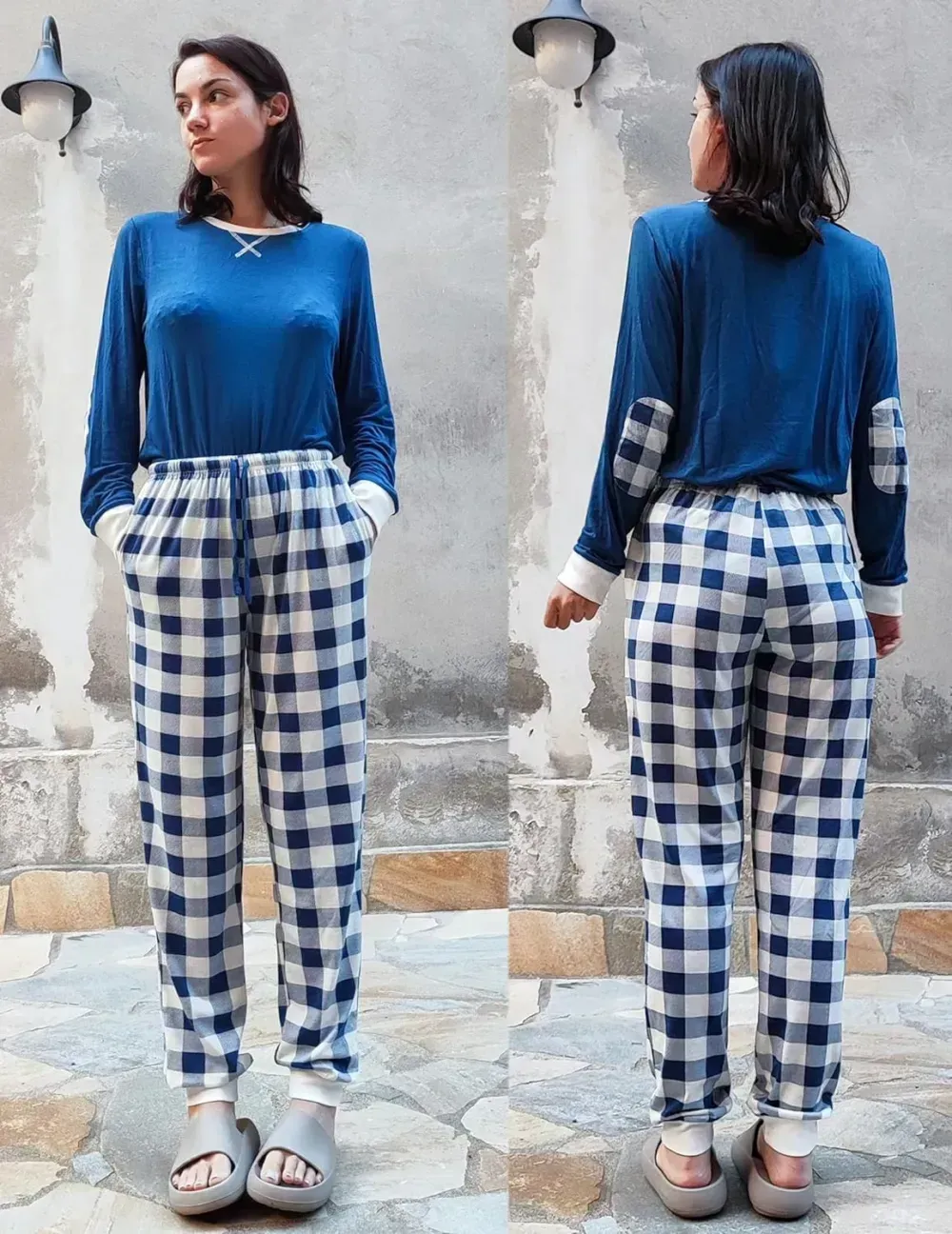 Women's Pajamas Sets Long Sleeve with Plaid Pants Soft Sleepwear O Neck 2 Piece Pjs Joggers Loung Set with Pockets