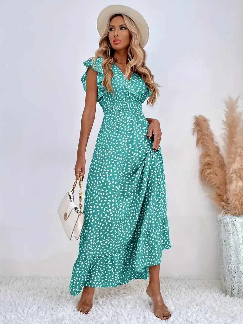 Plus Size Women's Casual V-Neck Floral Print Dress - Lightweight 100% Polyester, Machine Washable, Flowy Skirt with Puffed Shoulders & Ruffled Sleeves for Spring/Summer, Casual Summer Dress | Ruffled Hemline | Polyester Fabric