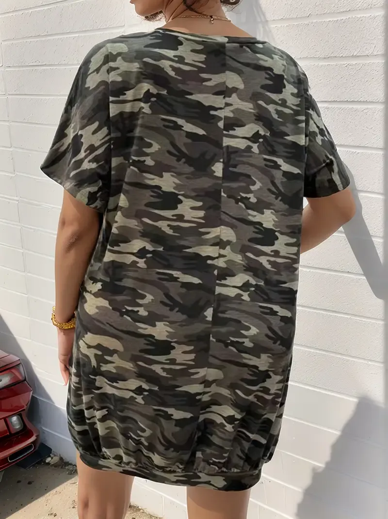 omen's Camo Print V-Neck Dress - Casual Short Sleeve Summer Dress with Side Pockets, Stretchy Polyester Blend, Black/Green Camouflage Pattern, Machine Washable