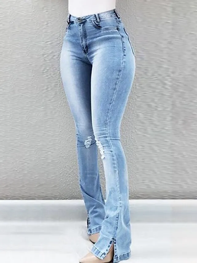 Women's Jeans Bootcut Flared Pants Full Length Denim Split Cut Out Micro-elastic Mid Waist Fashion Casual Weekend Light Blue Black S M