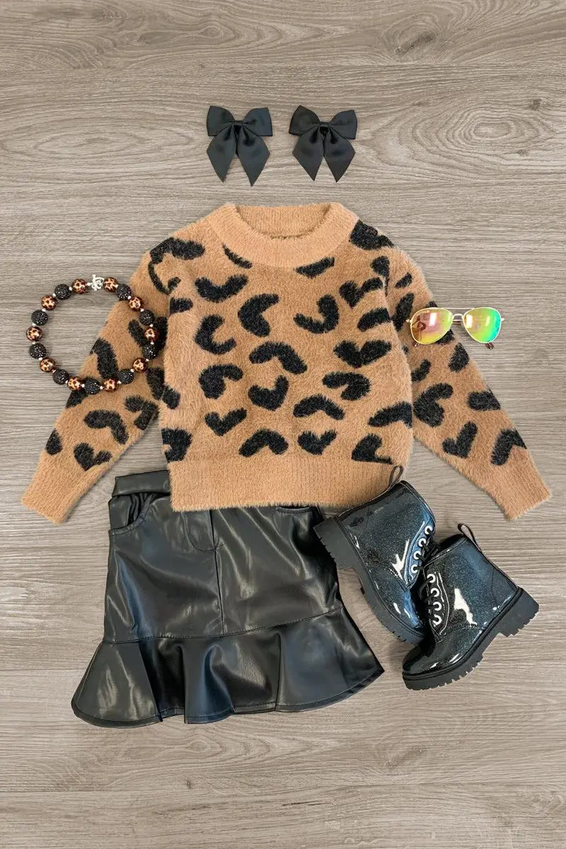 Leopard Sweater Pleather Skirt Set