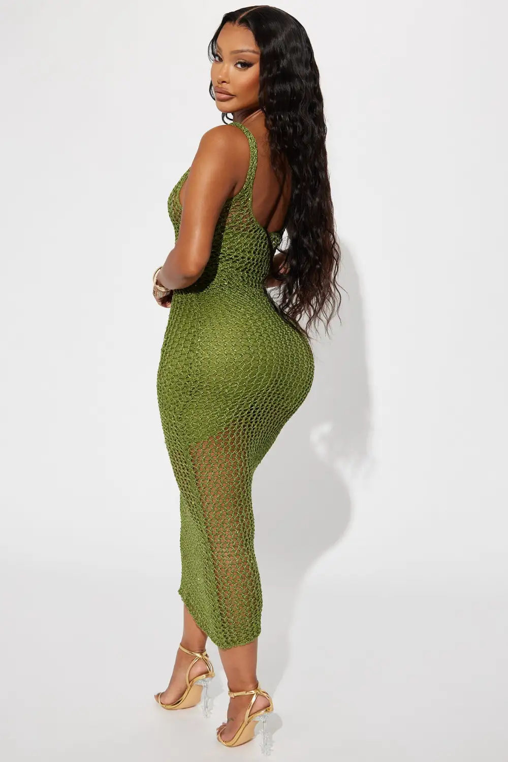 Kaylie Sequin Crochet Midi Dress - Green