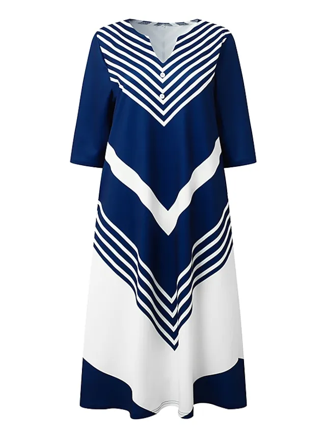 Women's Casual Dress Shift Dress Midi Dress Black and white stripes Green Dark Blue Half Sleeve Color Block Button Summer Spring V Neck Basic Vacation 2023 S M L XL XXL 3XL