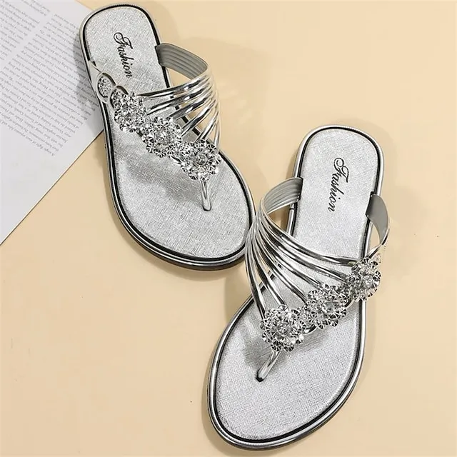 Women's Slippers Flip-Flops Outdoor Slippers Beach Slippers Outdoor Beach Summer Rhinestone Flat Heel Elegant Casual Faux Leather Loafer Solid Color Silver Black Gold