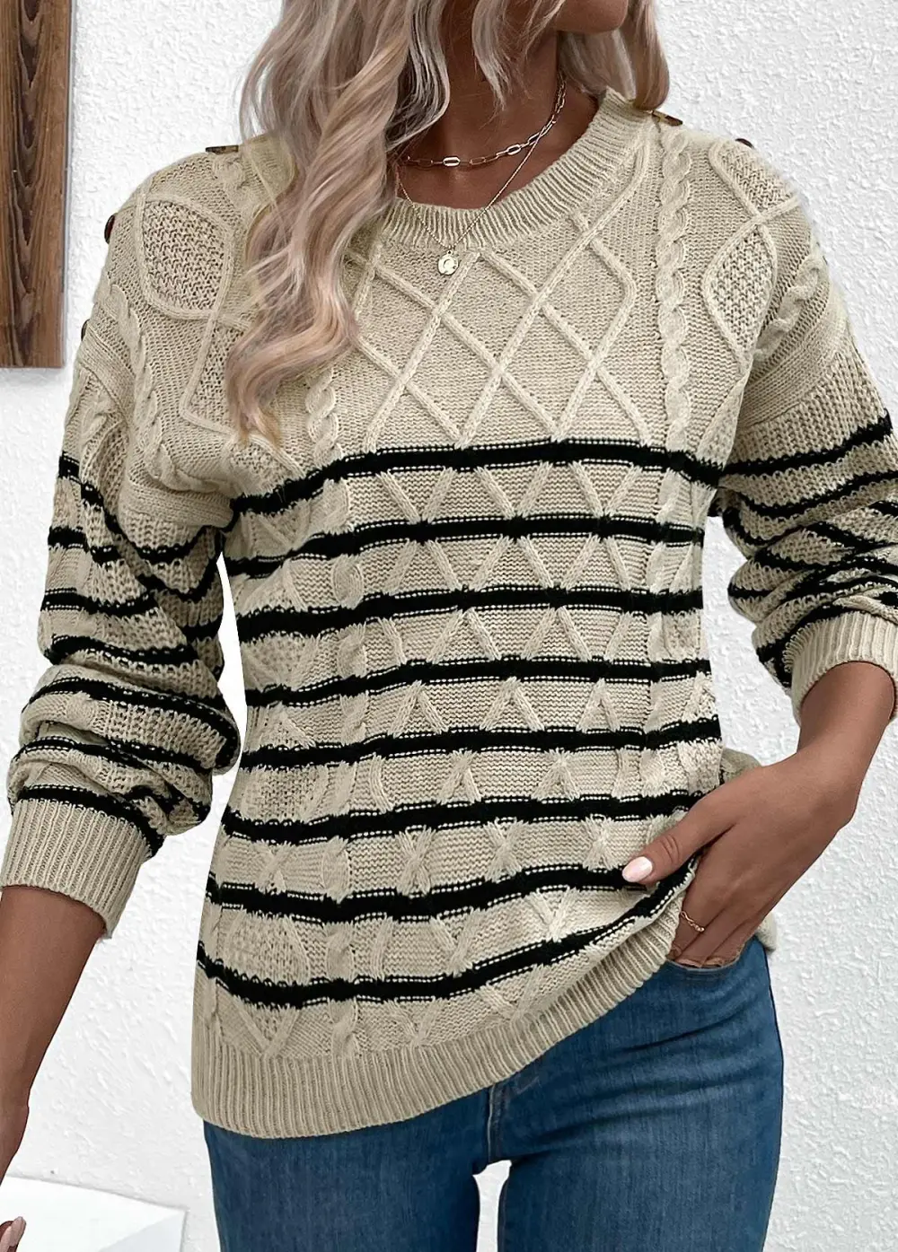 Light Camel Striped Long Sleeve Round Neck Sweater