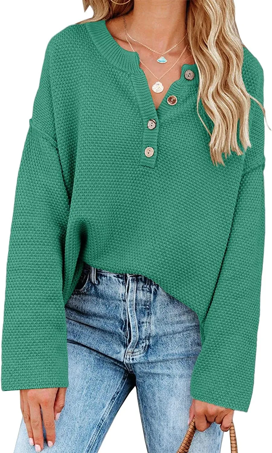 Women's Oversized Sweaters Batwing Long Sleeve Loose V Neck Button Henley Tops Pullover Knit Jumper