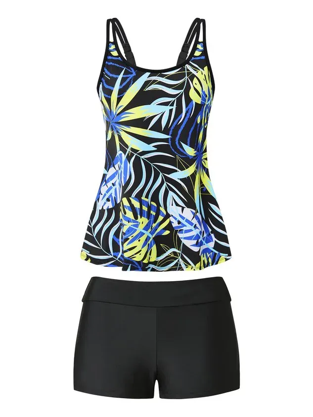 Vacation Floral Printing Scoop Neck Tankinis Two-Piece Set