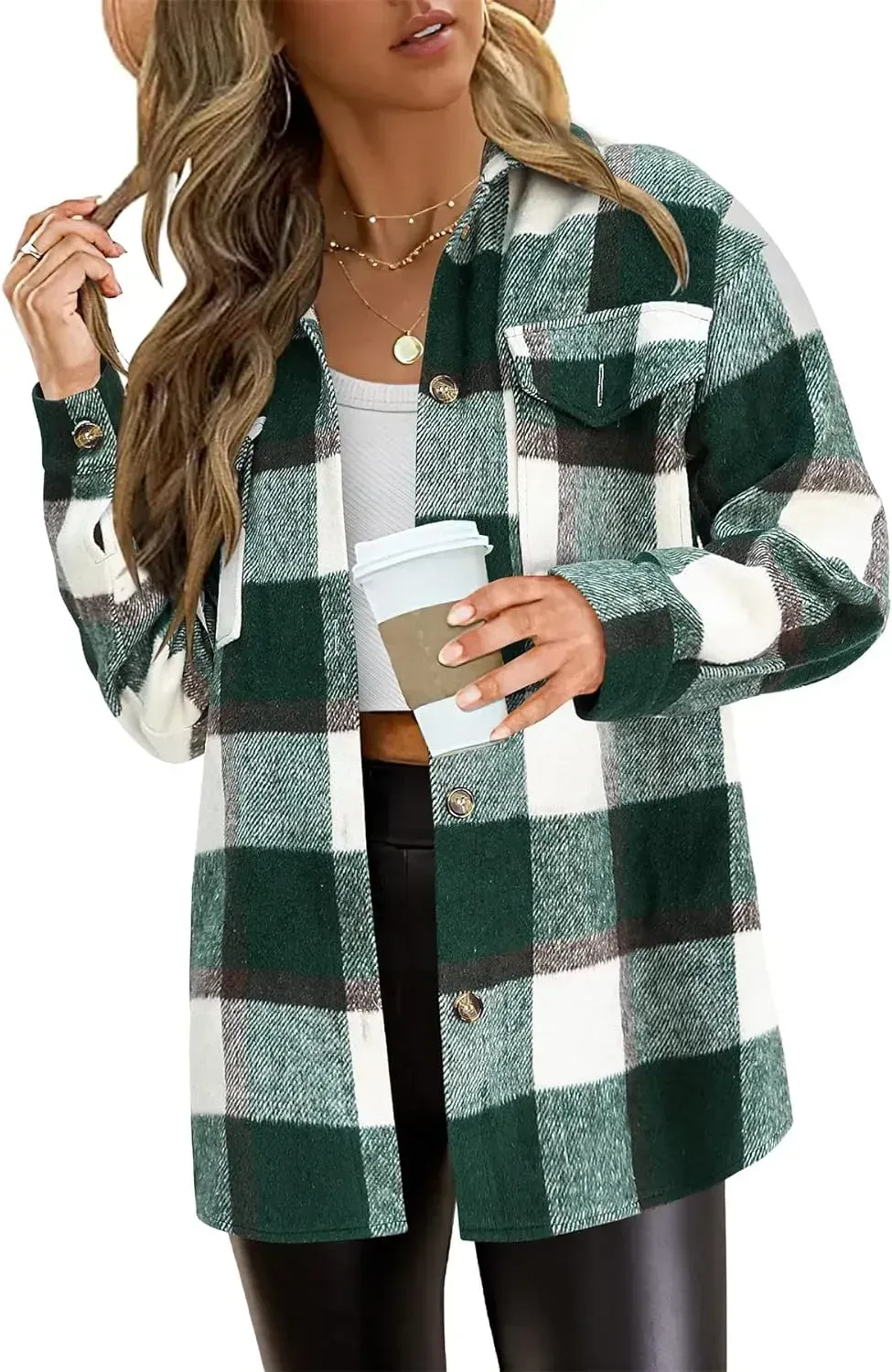 Women's 2023 Fall Clothes Plaid Shacket Jacket Long Sleeve Button Down Flannel Shirts Fashion Blouse