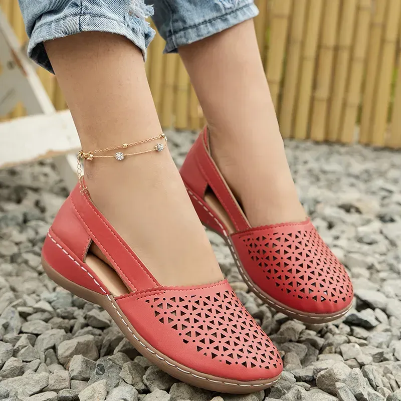 Women's Hollow Out Flat Sandals, Solid Color Cut-out Closed Toe Slip On Shoes, Casual Faux Leather Shoes
