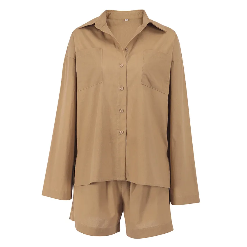 Cotton Patchwork Long Sleeve Shirt & Shorts Set