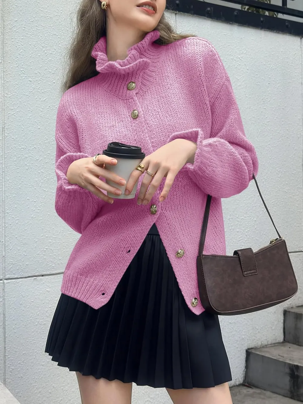 🎄Hot Sale Ruffle Cardigan Oversized Button Up Ribbed Knit Open Front Long Sleeve Loose Sweater