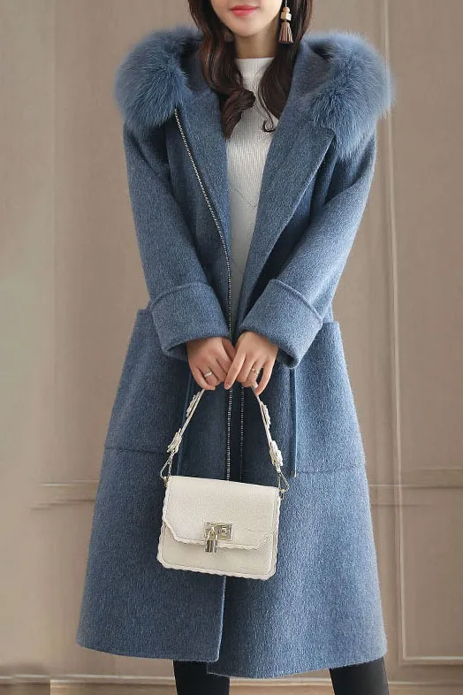 Solid Color Fur Collar Long Coat