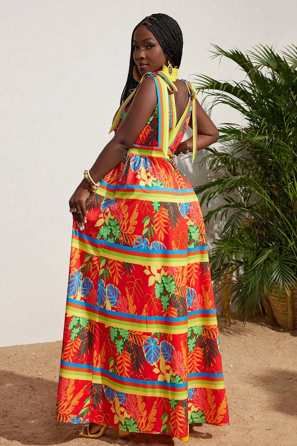 Tropical Printed V-neck Waist Tied Dress
