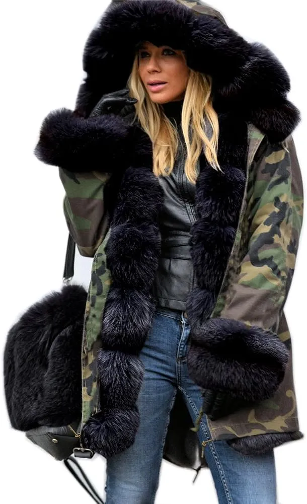Womens Hooded Camouflage Warm Winter Coats Faux Fur Jacket Parka Overcoat
