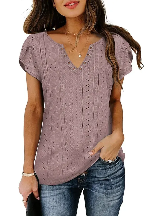 Women's T shirt Tee Light Blue Black White Plain Button Short Sleeve Casual Basic V Neck Regular S