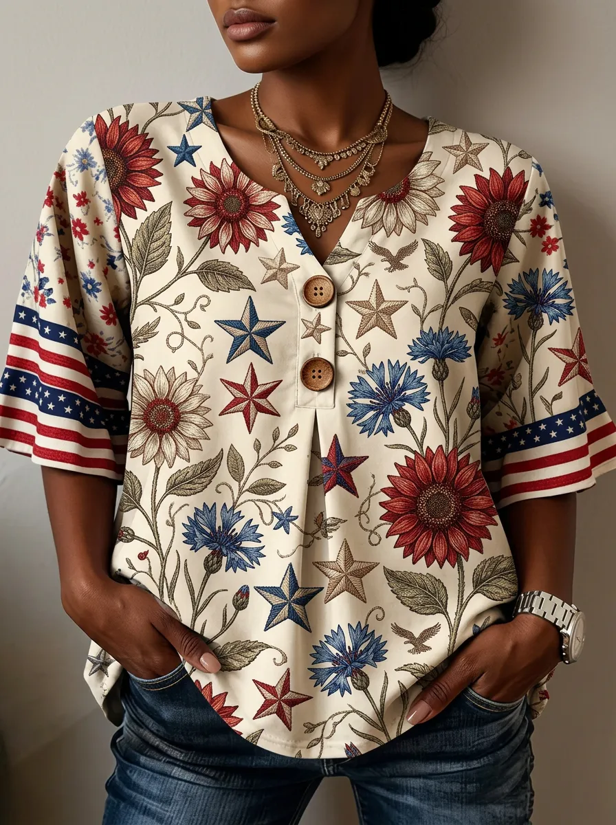 Women's Nashville Patriotic Sunflower Star Printed V-neck Top