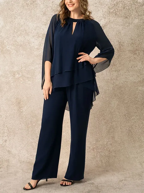 Round Neck Solid Color Top And Trouser Suit