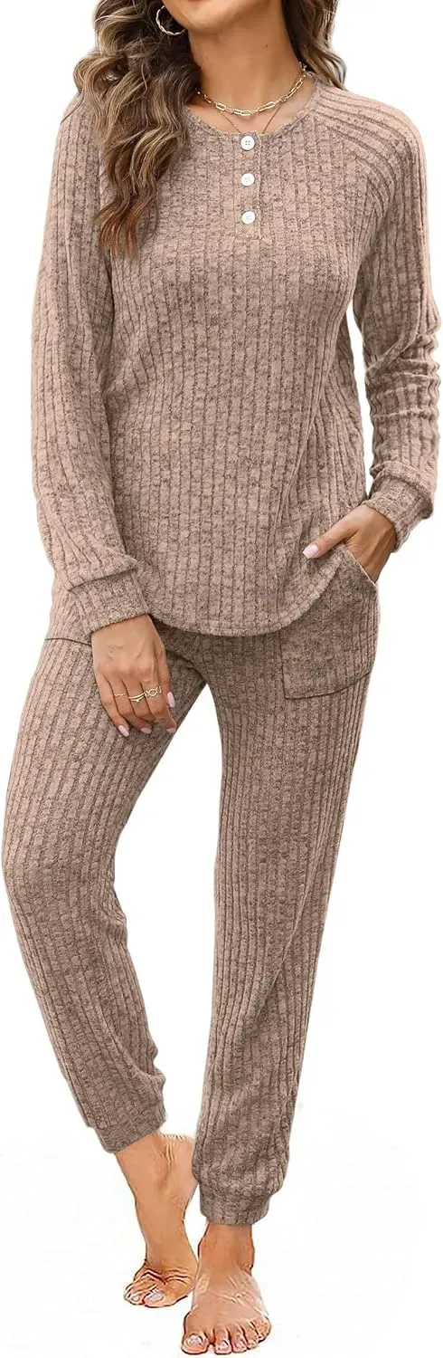 Two Piece Outfits for Women Lounge Sets Button Down Sweatshirt Sweatpants Sweatsuits Set with Pockets