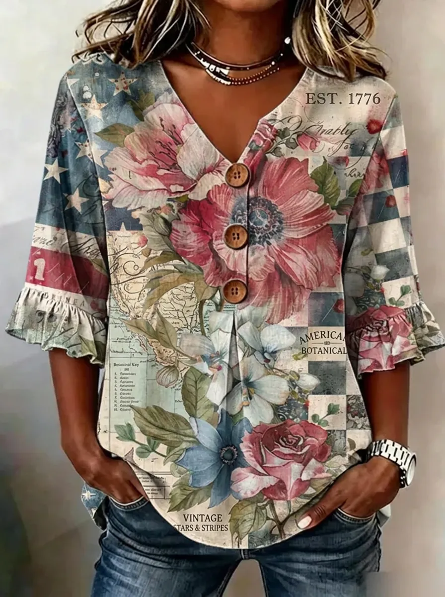 Women's Nashville Floral American Flag Printed V-Neck Button Top