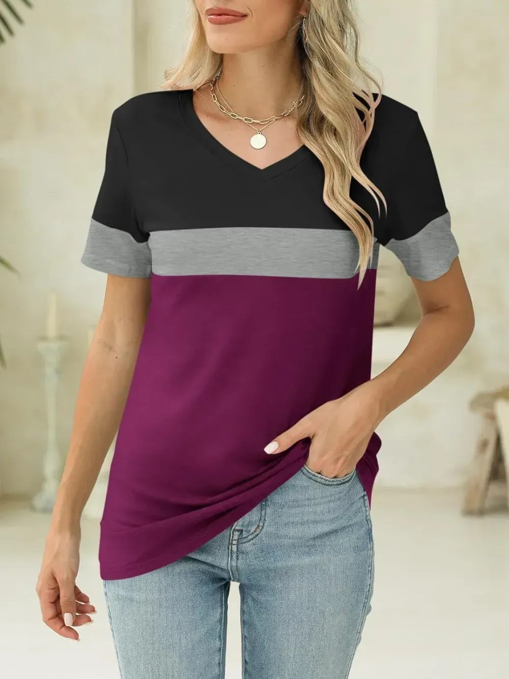 ORANDESIGNE Women's Color Block Short Sleeve T Shirts Casual V Neck Summer Tops Tees Loose Fit Blouses