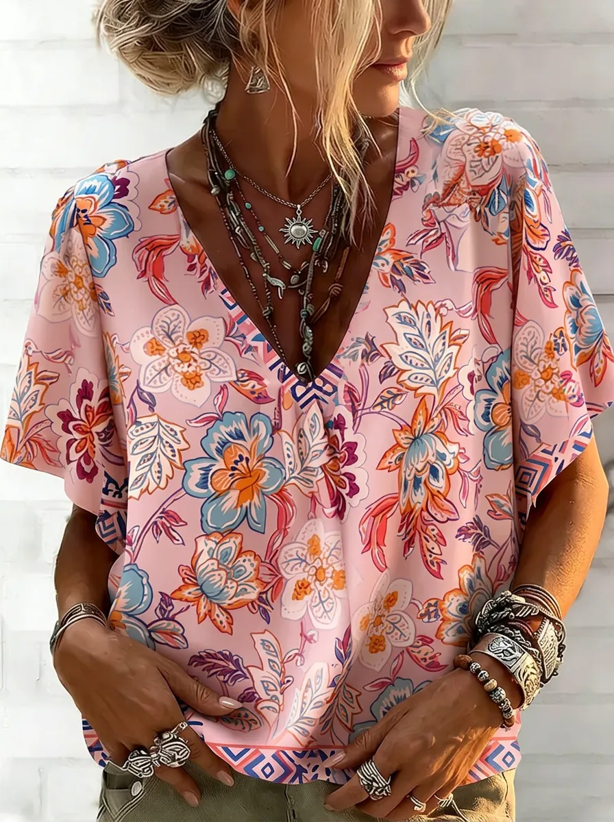 Women's Nashville Boho Floral Printed V-Neck Top