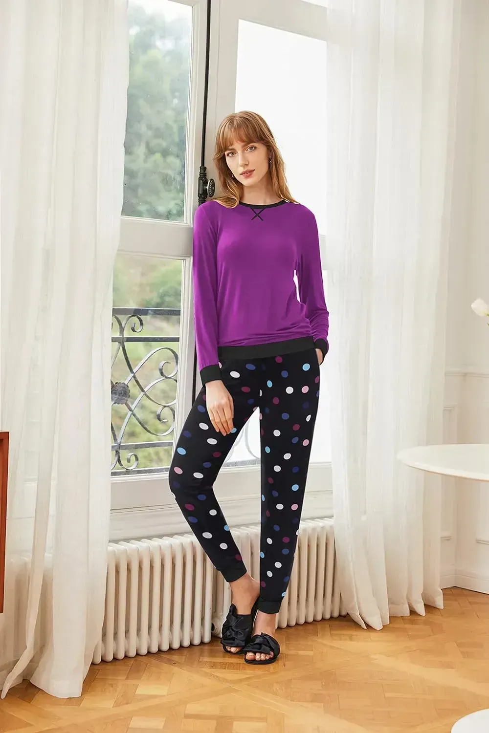 Women's Pajamas Sets Long Sleeve with Plaid Pants Soft Sleepwear O Neck 2 Piece Pjs Joggers Loung Set with Pockets