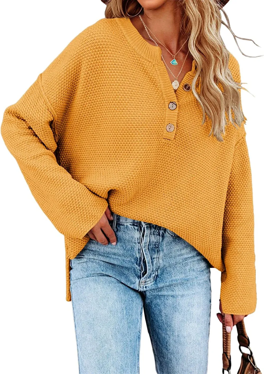 Women's Oversized Sweaters Batwing Long Sleeve Loose V Neck Button Henley Tops Pullover Knit Jumper