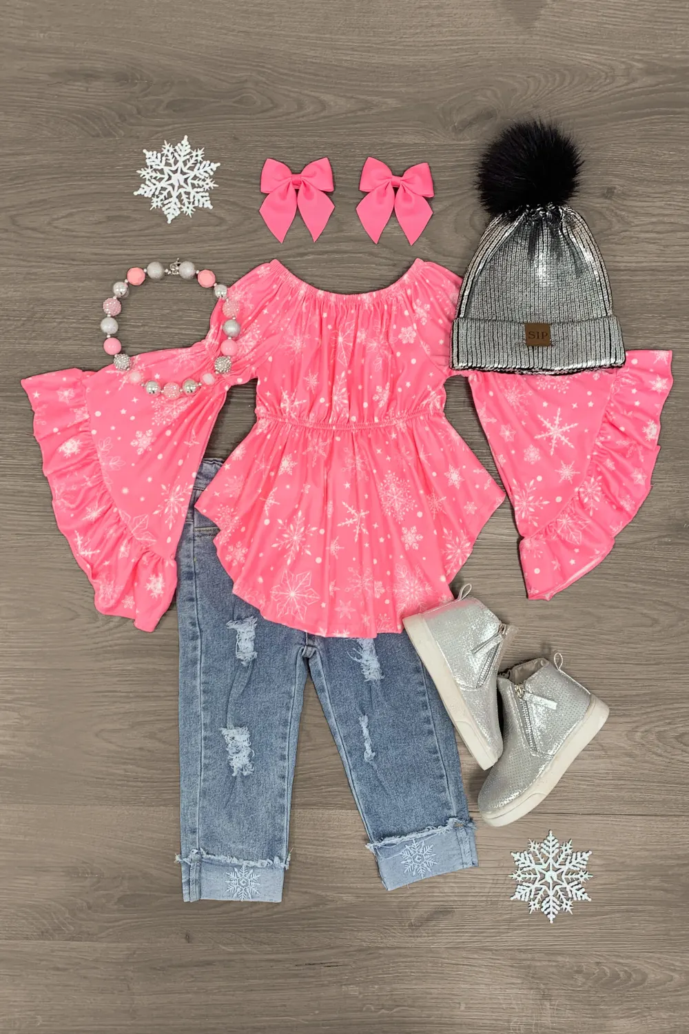 Pink Snowflake Distressed Denim Pant Set