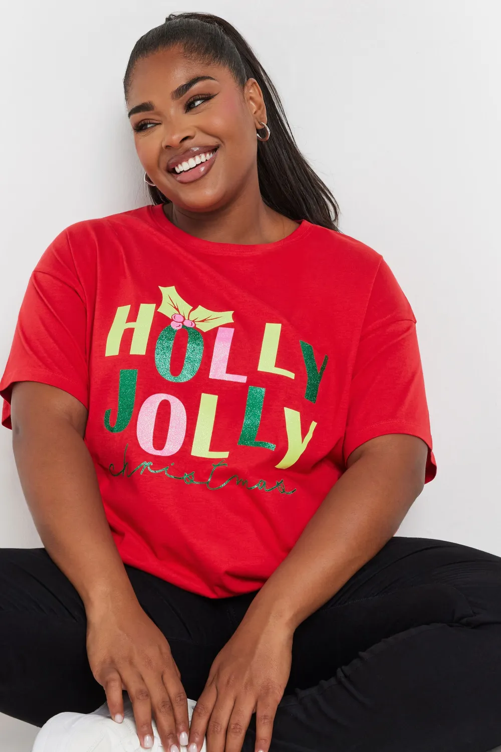 YOURS Curve Black 'Meowy Christmas' Slogan T-Shirt