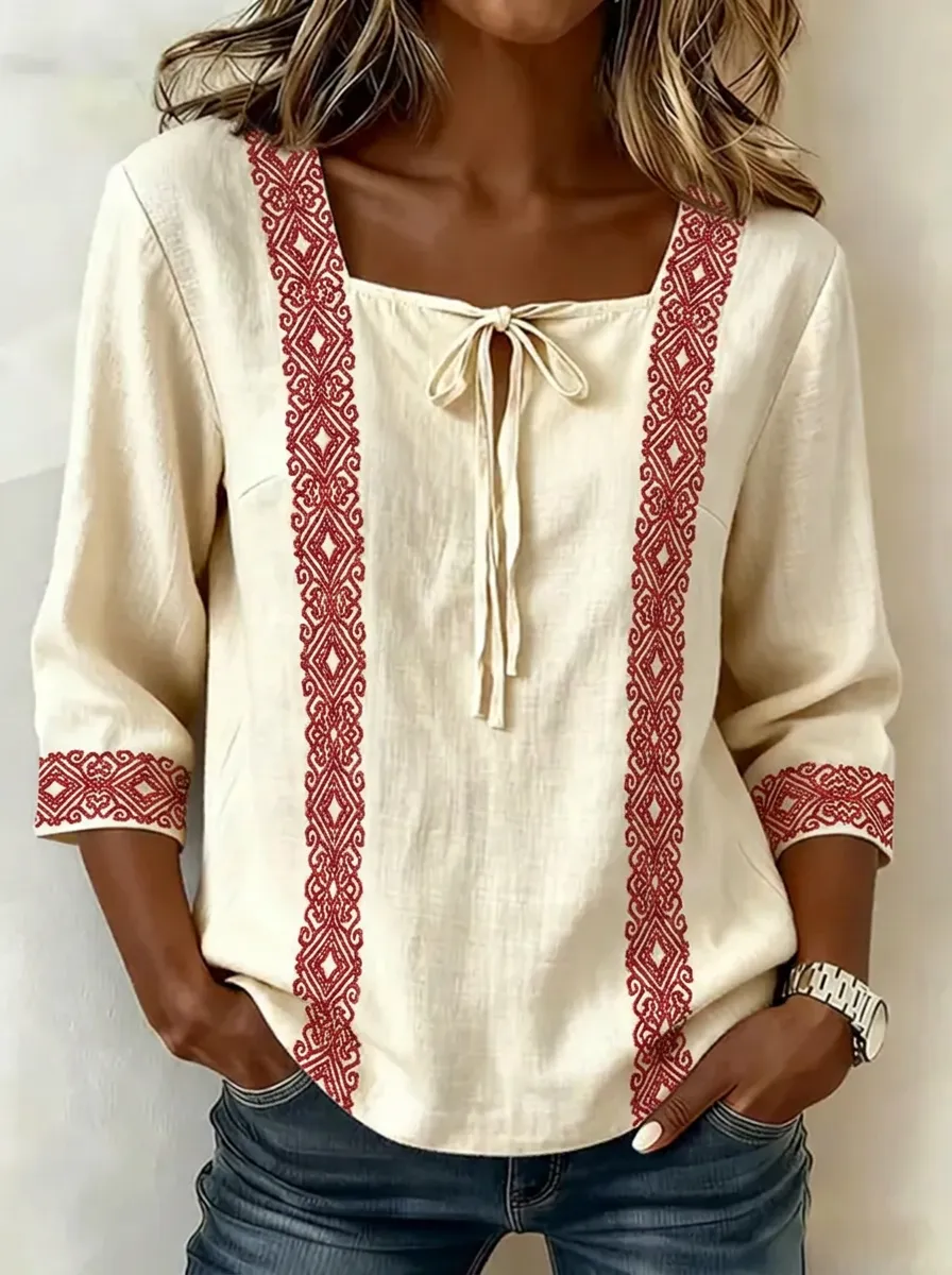 Women's Nashville Western Geometric Embroidered Printed Top