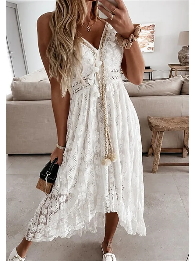 Women's Party Dress Lace Dress Casual Dress Holiday Dress Long Dress Maxi Dress White Beige Sleeveless Print Lace Summer Spring V Neck Basic