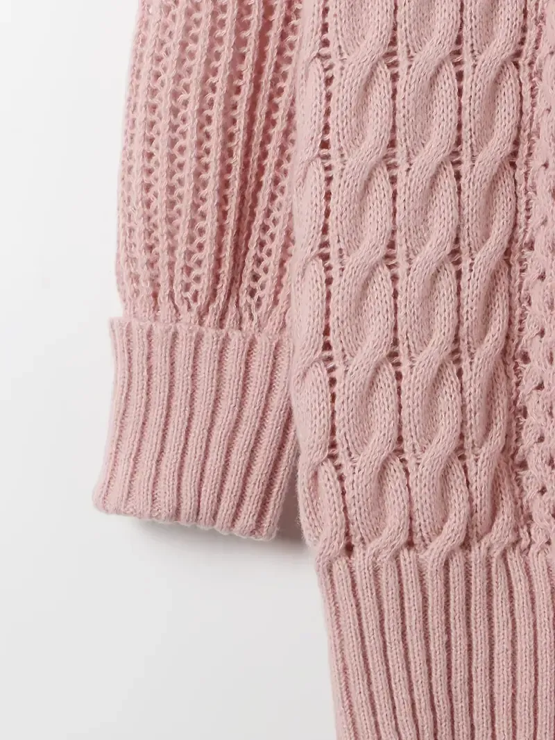 Elegant Pink Knit Sweater Dress for Women - Casual Long Sleeve, Round Neck, Bodycon Midi with Cable Knit Pattern, Perfect for Fall/Winter, 100% Polyester