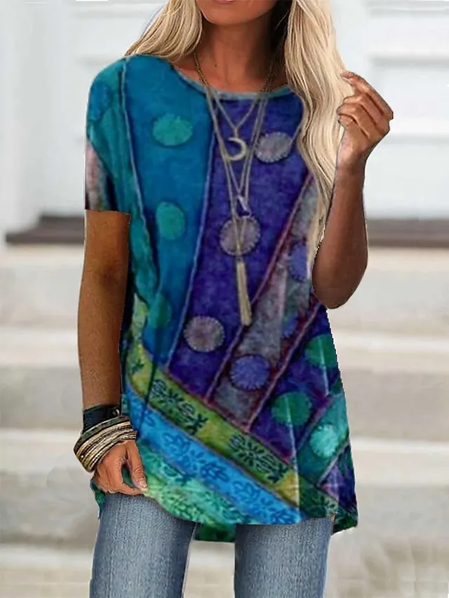 Women's T shirt Tee Burgundy Tee T shirt Dress Tunic Shirts Graphic Geometric Color Block Wine Red Blue Print Short Sleeve Casual Weekend Tunic Basic Boho Round Neck Regular Fit