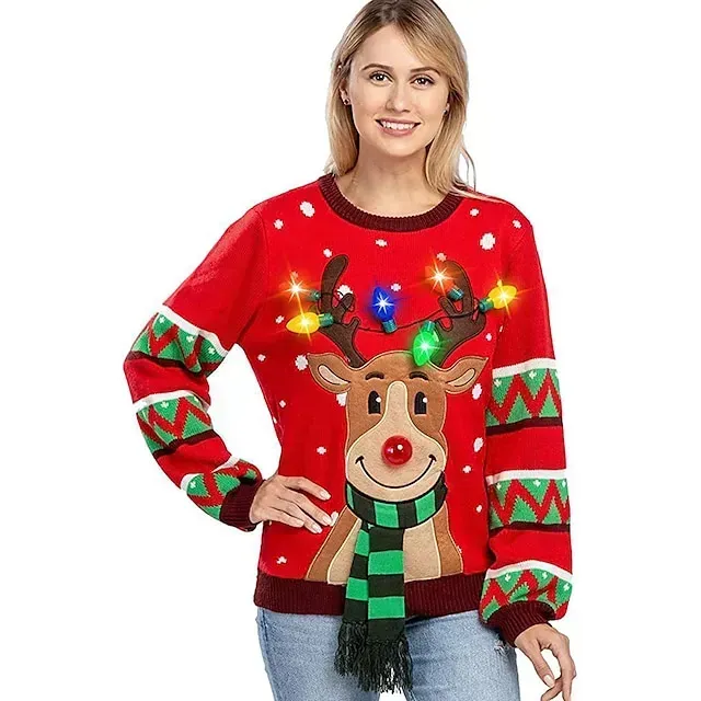 Womens LED Light Up Reindeer Ugly Christmas Sweater