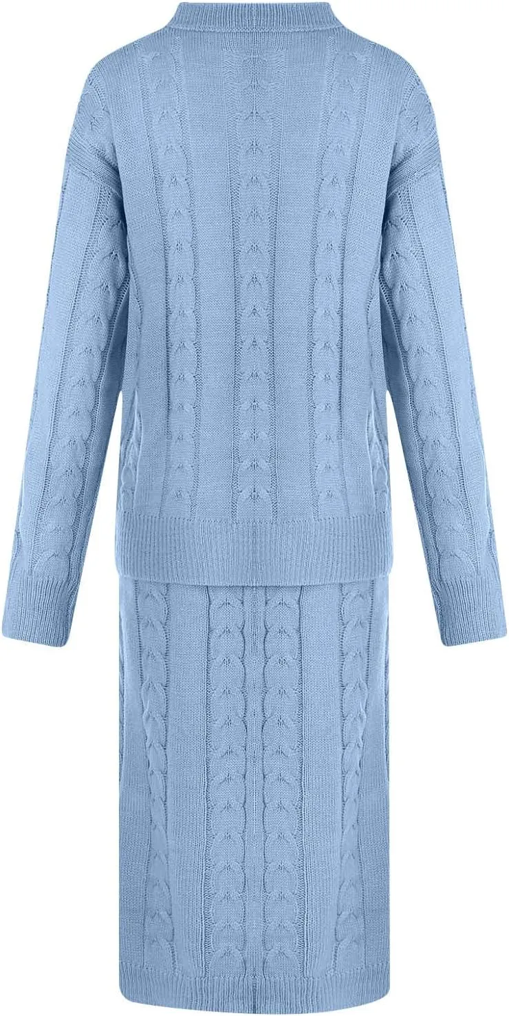 Women 2 Piece Outfits Knitted Sweater Tops and Long Skirt Turtleneck Long Sleeve Bodycon Dress Set Chunky Cable Knit
