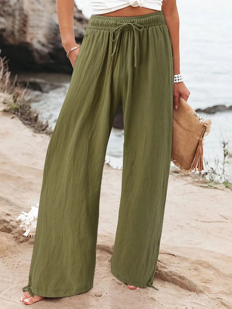 Women'S Solid Color Multi-Color Elastic Waist Loose Pocket Casual Pants