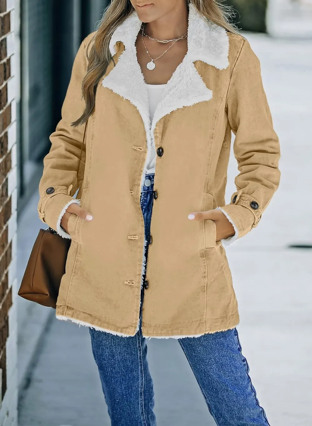 Womens Winter Warm Jean Jacket Stand Collar Wool Liner Sherpa Denim Coats Thicker Outerwear with Pockets