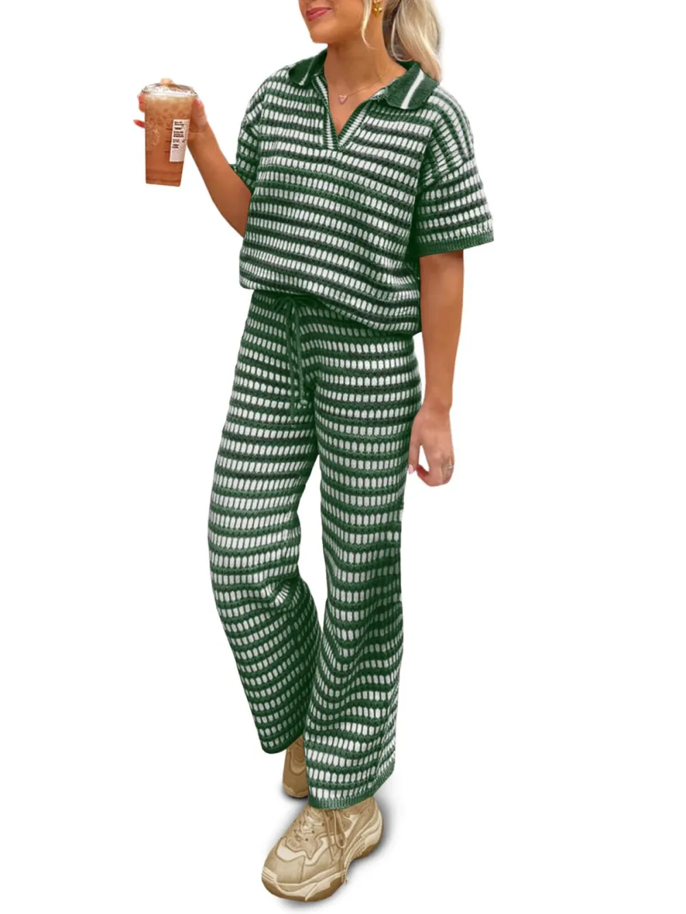 Womens 2 Piece Outfits Striped Short Sleeve Sweater Tops Knit Sets Wide Leg Pants Lounge Set