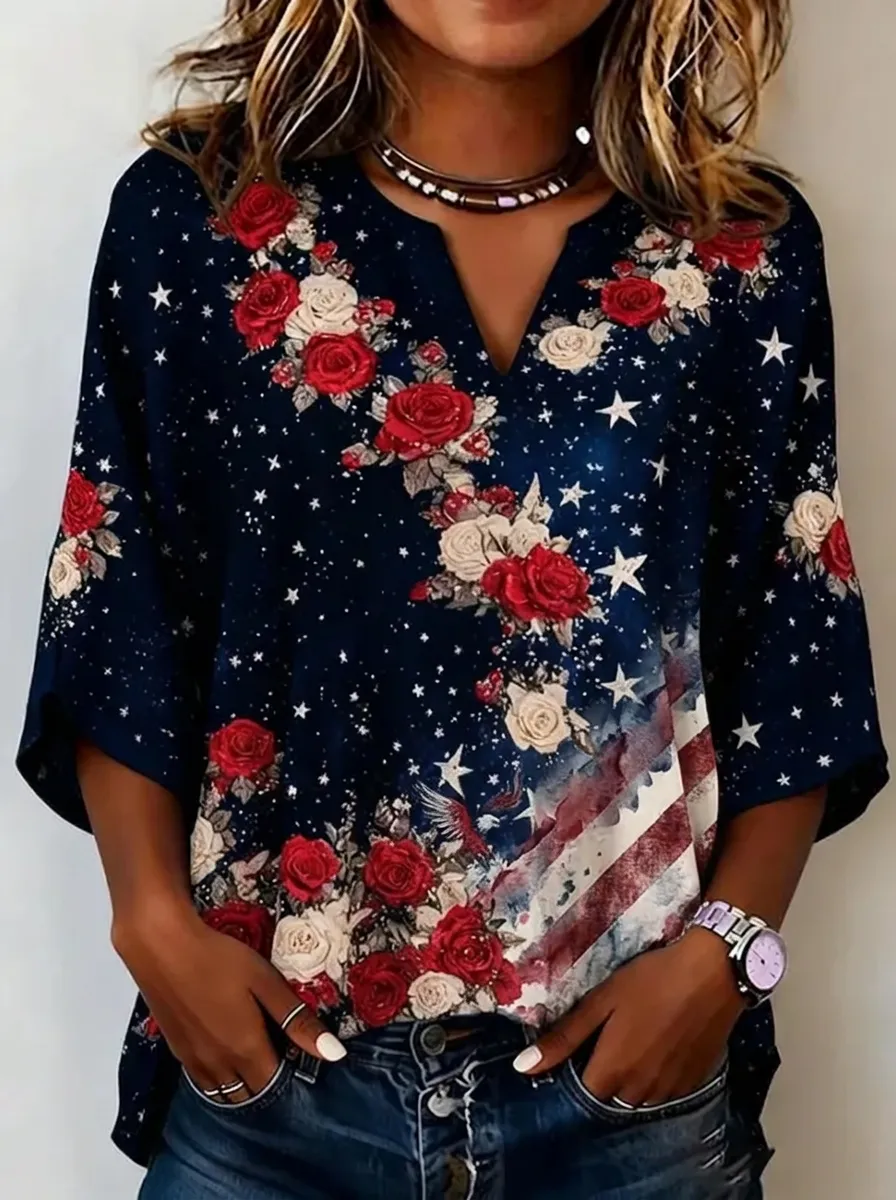 Women's Nashville Rose Star American Flag Printed V-neck Top
