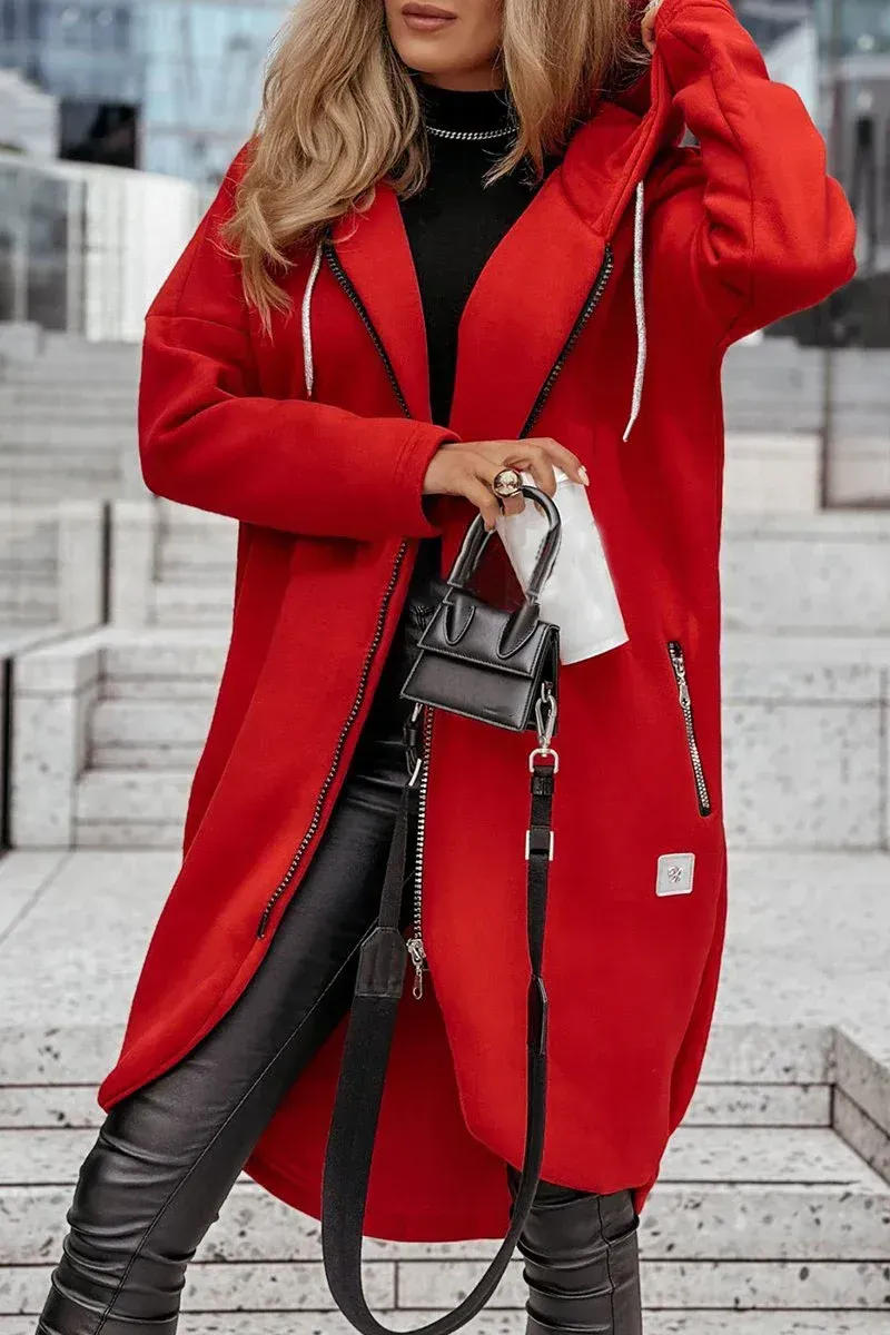 Women's Solid Color Zipper Hooded Casual Coat