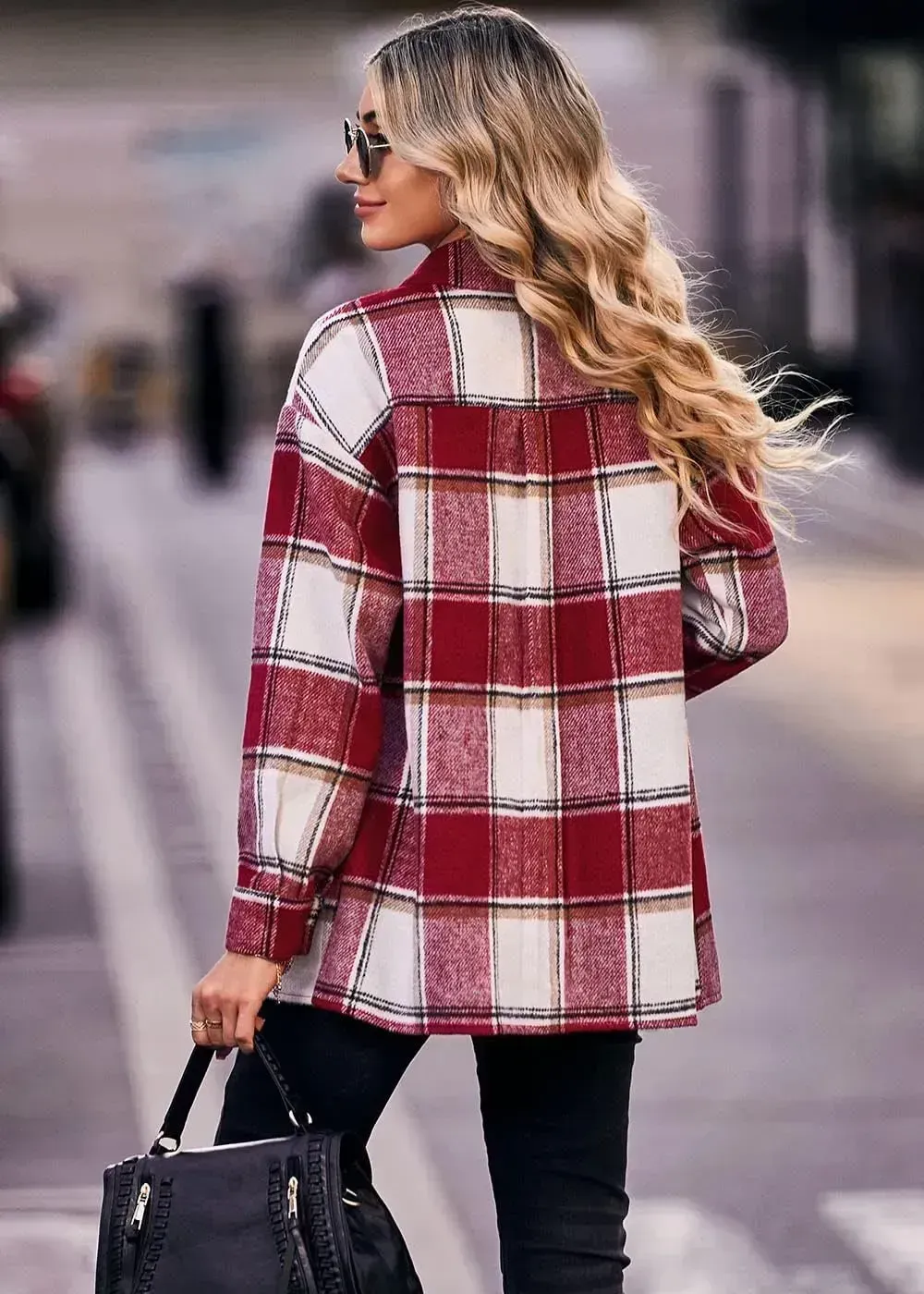 Women's 2023 Fall Clothes Plaid Shacket Jacket Long Sleeve Button Down Flannel Shirts Fashion Blouse