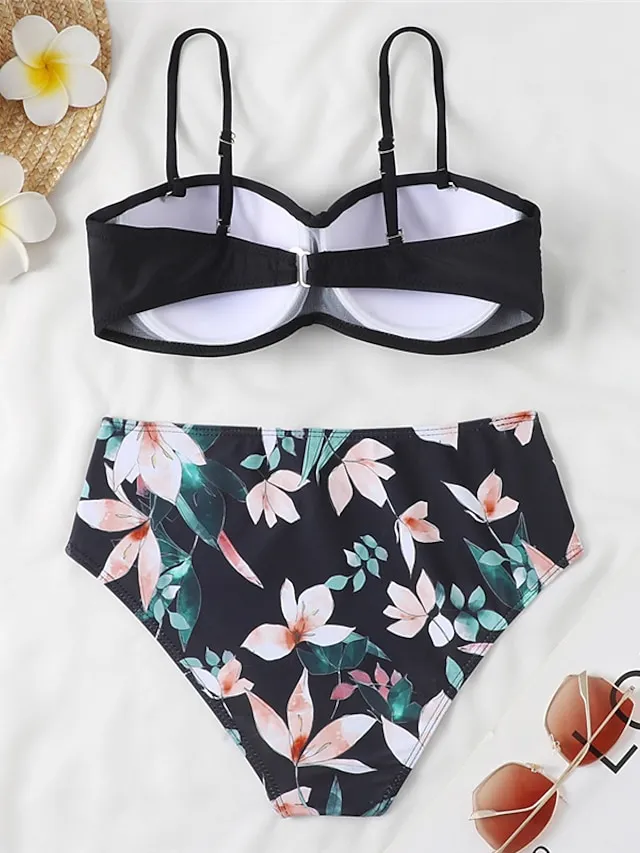 Women's Swimwear Bikini 2 Piece Normal Swimsuit 2 Piece Open Back Sexy Printing High Waisted Floral Leaves Black Yellow Navy Blue Royal Blue Blue Strap Bathing Suits Sexy Vacation Fashion