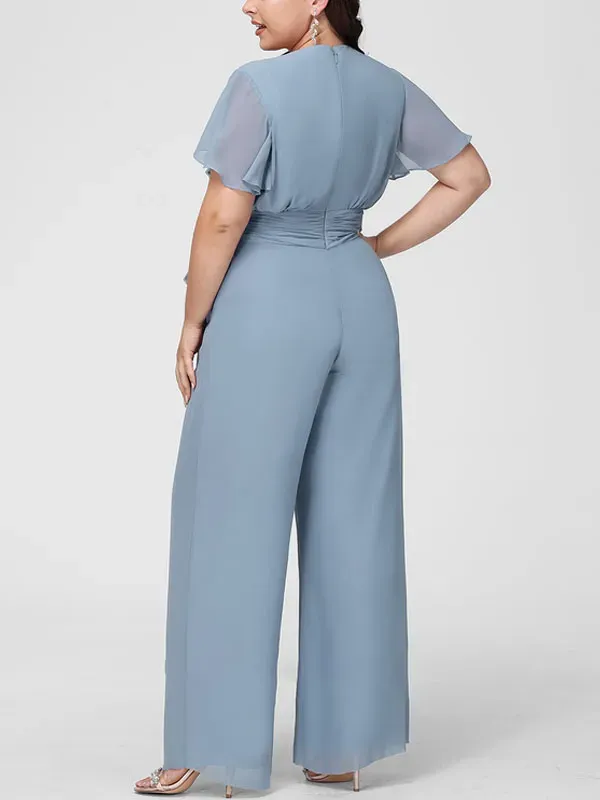 Jumpsuit/Pantsuit V-Neck Floor-Length Chiffon Bridesmaid Dress With Ruffle
