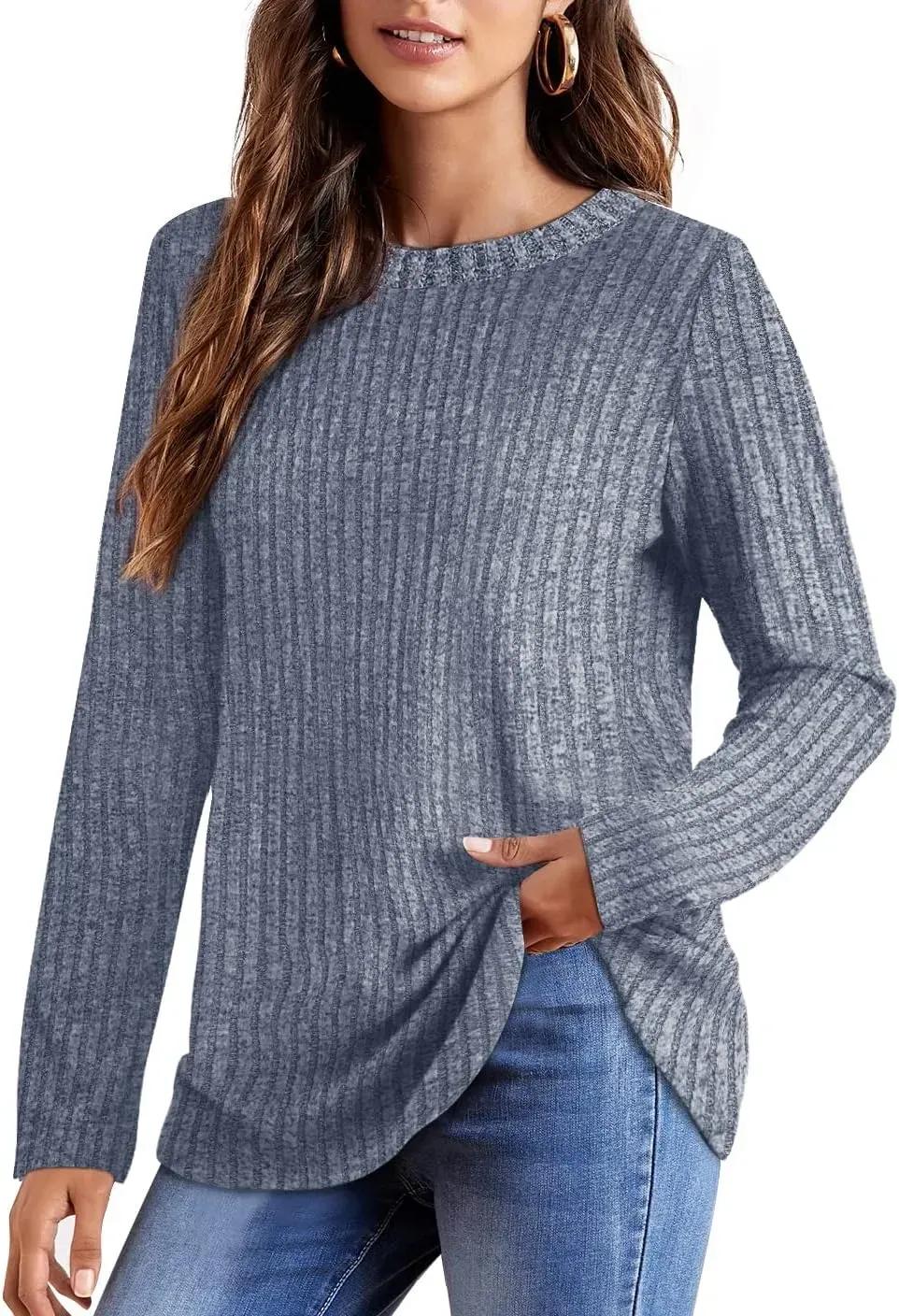 OFEEFAN Long Sleeve Shirts for Women Lightweight Crew Neck Casual Tunic Tops