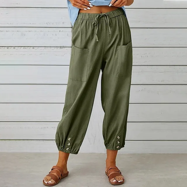 Women's Pants Trousers Linen Cotton Blend Pocket Ankle-Length Black Spring & Summer