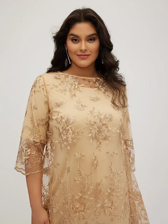 Women‘s Plus Size Party Dress Lace Dress Semi Formal Dress Midi Dress Navy Blue Blue Gold 3/4 Length Sleeve Floral Lace Summer Spring Fall Crew Neck Elegant Party Wedding Guest Dress