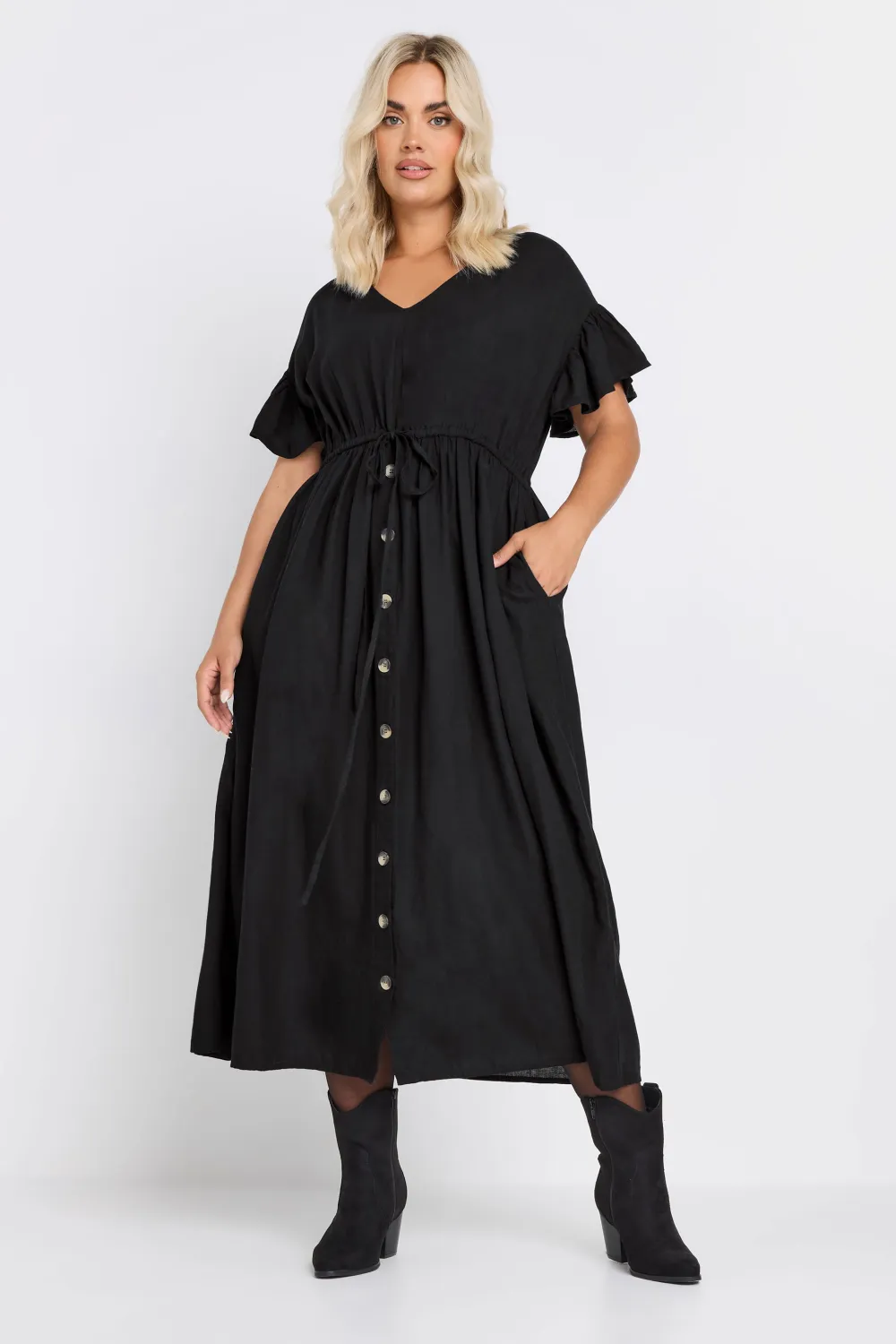 YOURS Curve Black Frill Sleeve Linen Maxi Dress