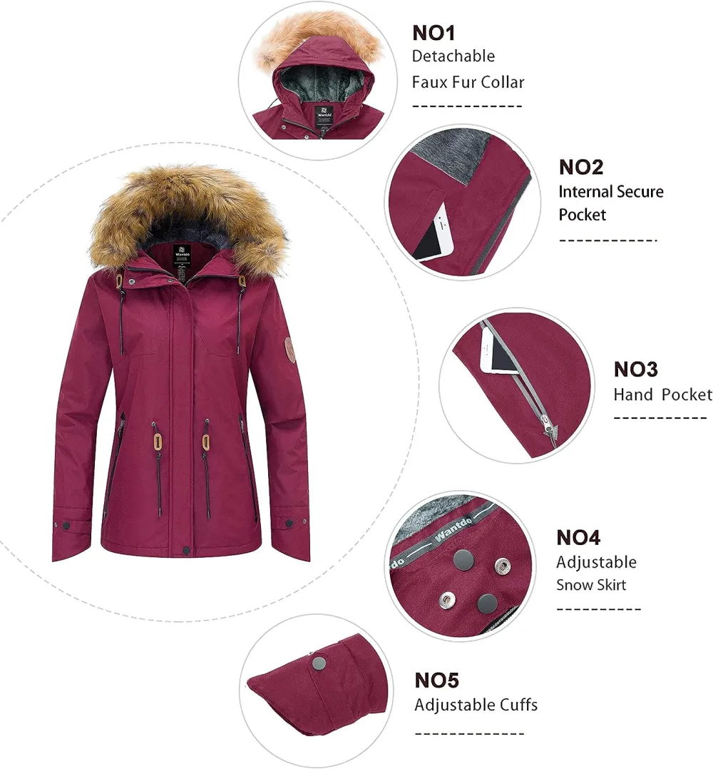 Women's Waterproof Ski Jacket Hooded Winter Snow Coat Mountain Snowboarding Jackets Insulated Fleece Parka