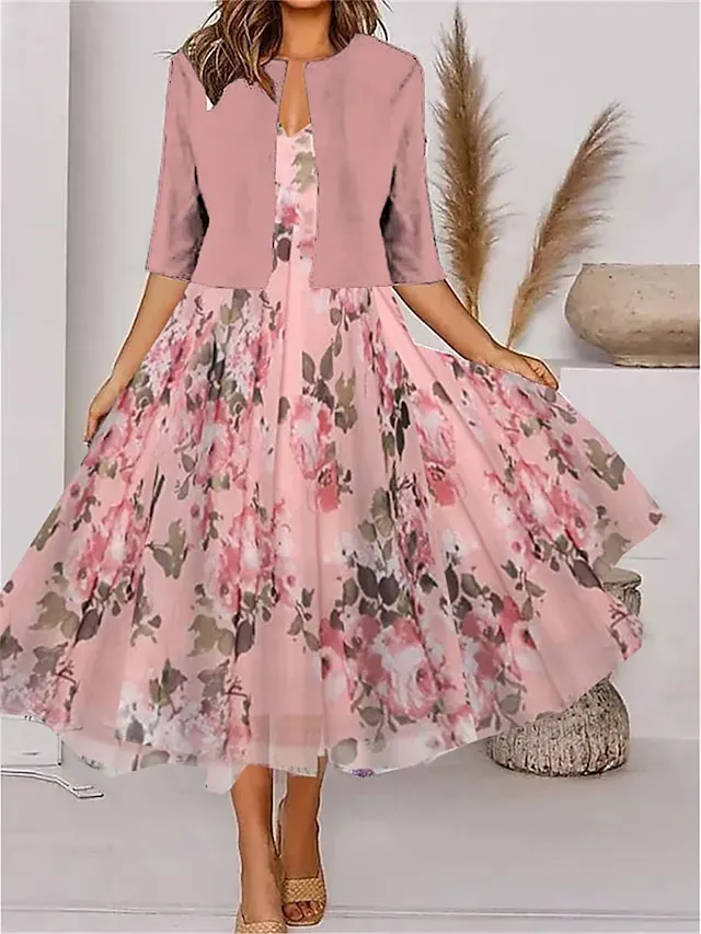 Women's Two Piece Dress Set Casual Dress Chiffon Dress Outdoor Daily Fashion Modern Print Midi Dress V Neck Half Sleeve Floral Regular Fit Pink Summer Spring S M L XL XXL