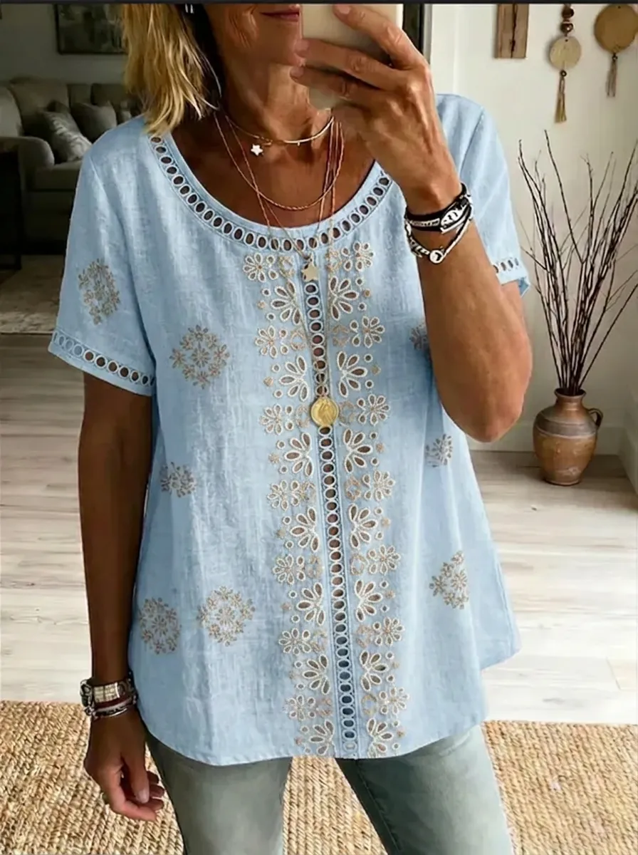 Women's Nashville Floral Embroidery Printed Linen-Blend Top
